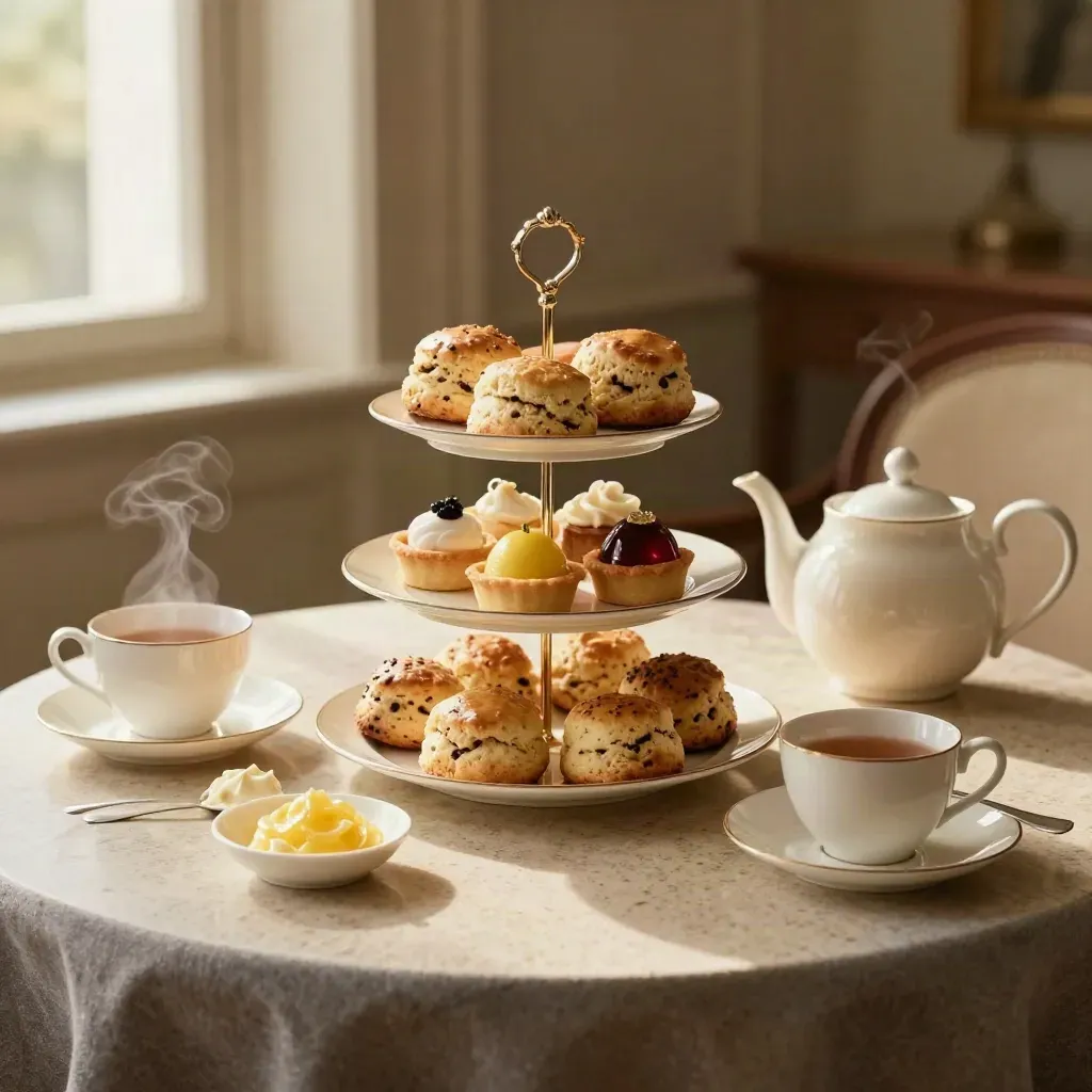 Afternoon tea for two with scones, petit fours, teapot, cups, cream and lemon curd
