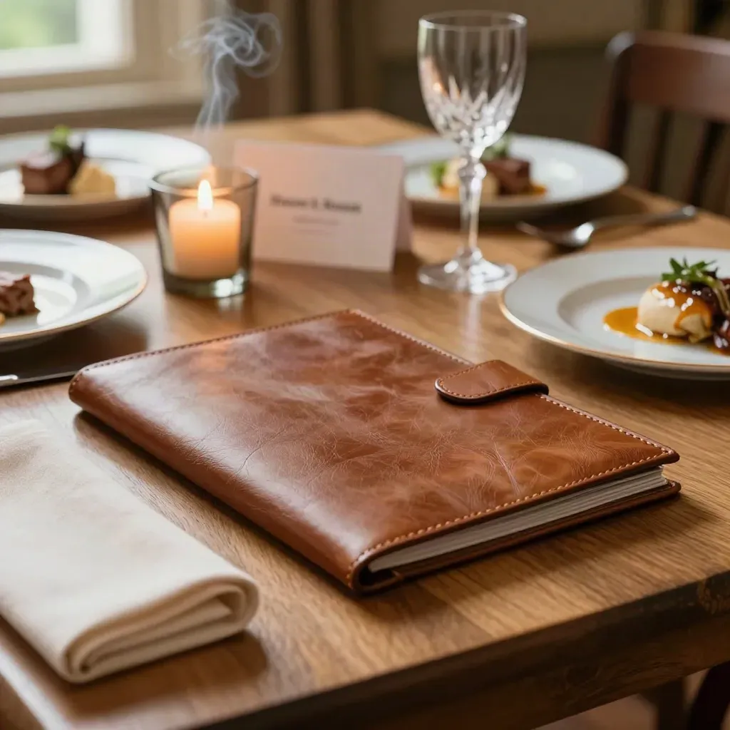 Closed leather menu folio with candlelit private dining table and crystal glassware