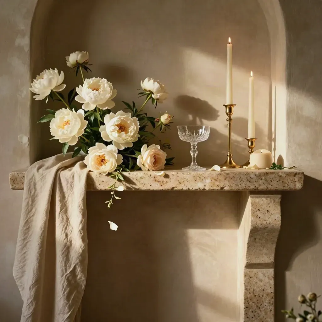 Ivory wedding flowers, crystal glasses and candles on travertine in a manor plaster nook.